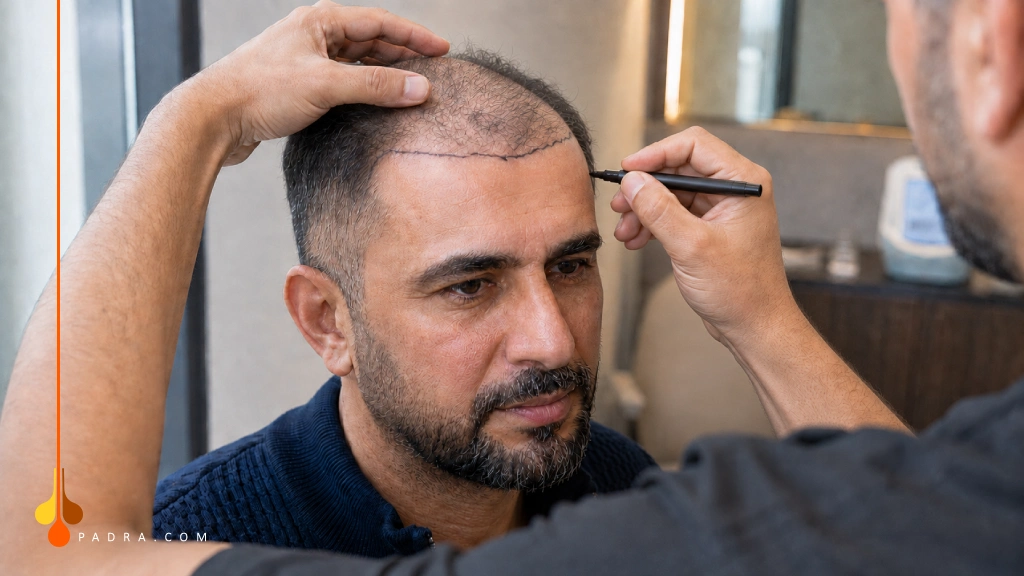 Doctor designing a hairline for a man with frontal and mid-scalp thinning