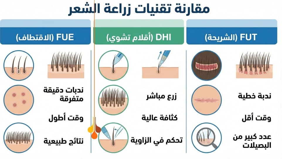 مقارنة بين تقنيات زراعة الشعر 