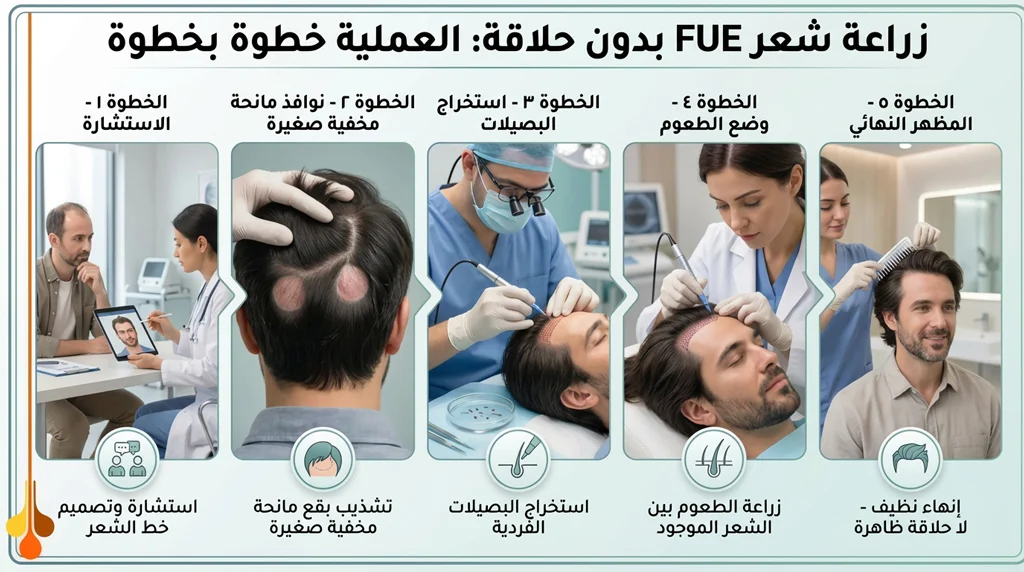 كيف تعمل تقنية زراعة الشعر بتقنية FUE بدون حلاقة (خطوات عملية)