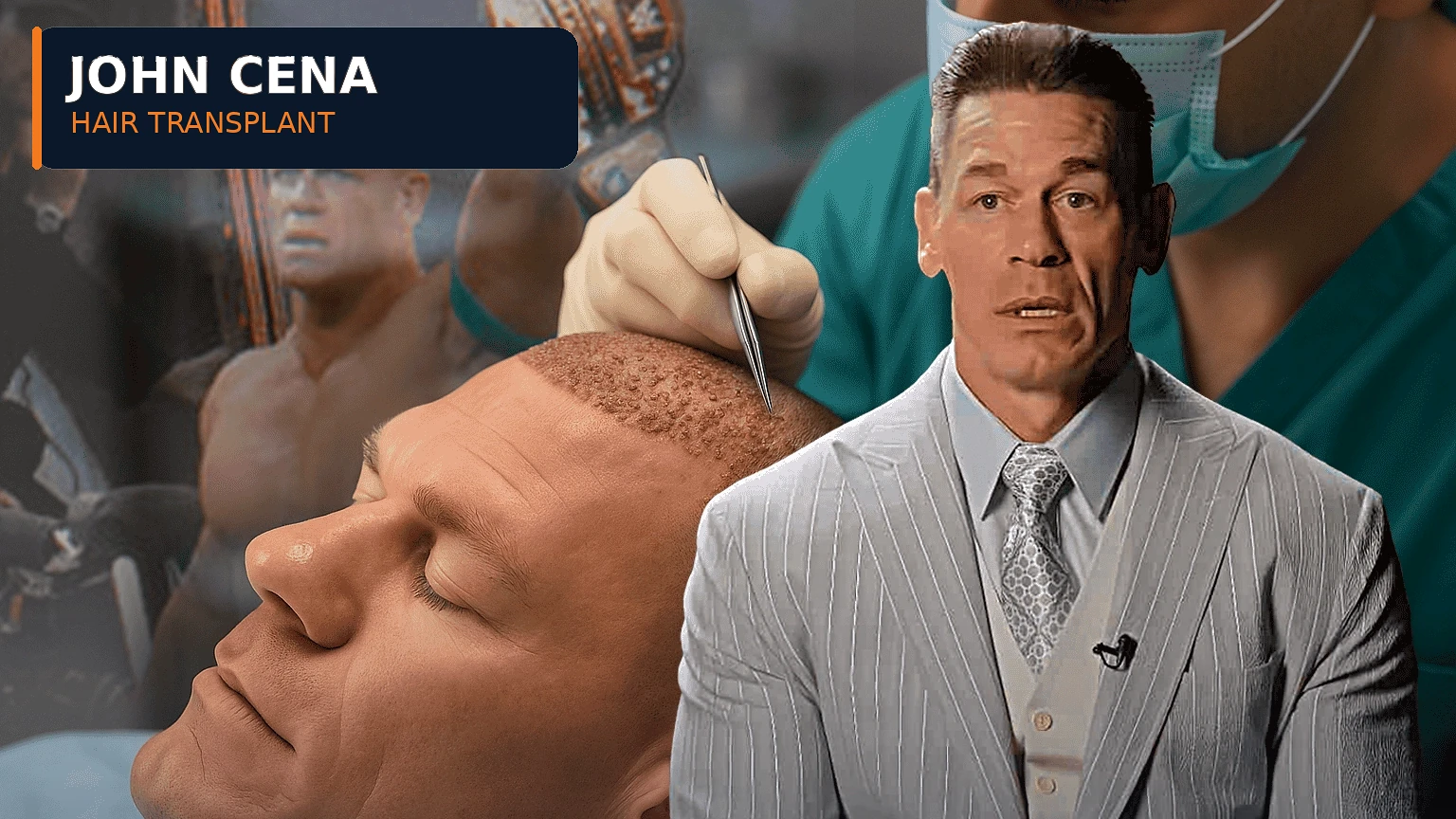 Editorial illustration of John Cena alongside an FUE hair transplant procedure