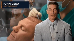 Editorial illustration of John Cena alongside an FUE hair transplant procedure