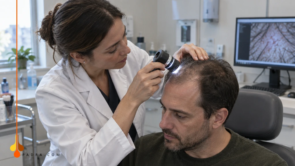 Clinician examining thinning hair and scalp during a professional hair loss assessment