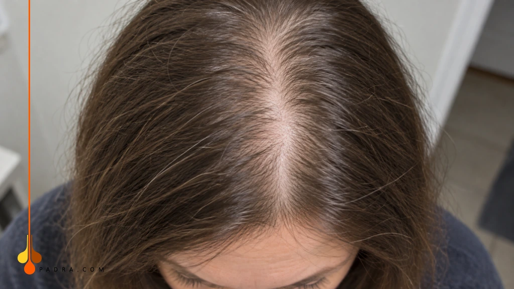 Clinician examining thinning hair and scalp during a professional hair loss assessment