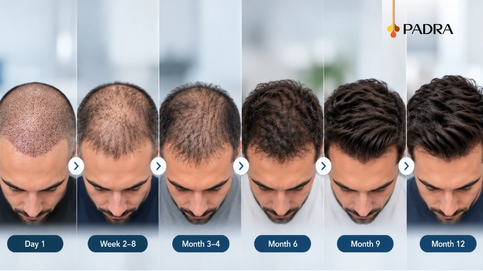 Hair transplant growth timeline showing results from surgery to 12 months